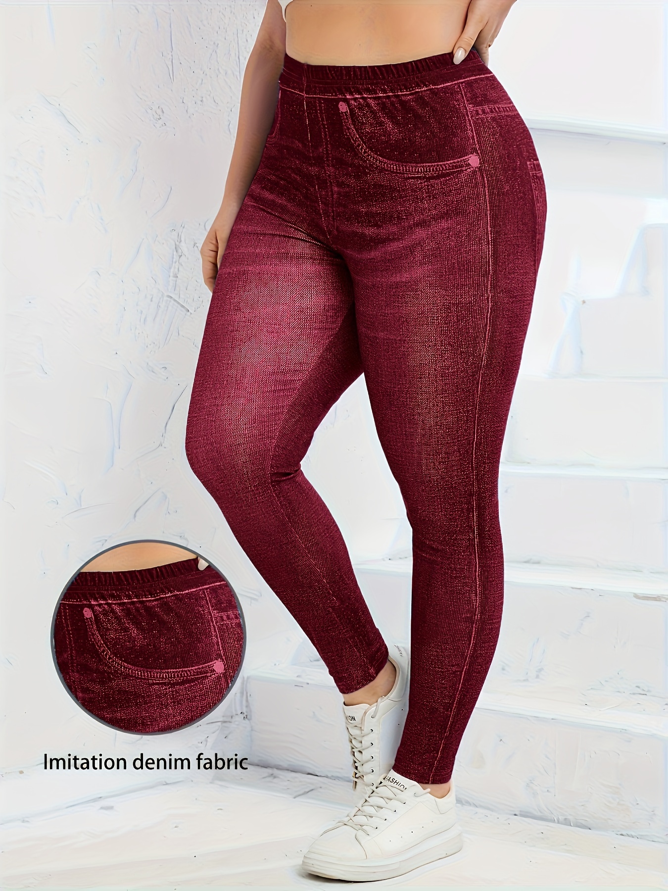 Plus Size All Over Print Faux Denim Leggings, Casual High Waist Stretchy Leggings For Spring & Summer, Women's Plus Size Clothing