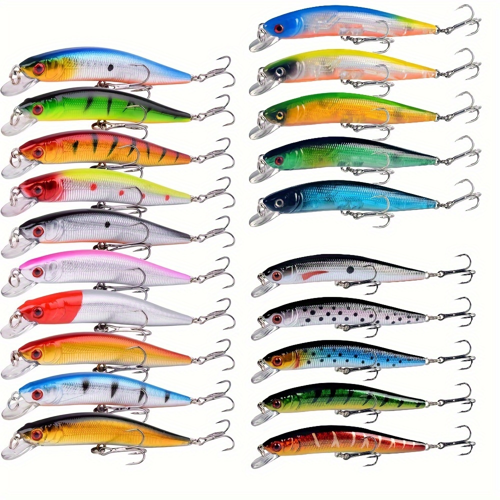 

Ensemble de 20 leurres de pêche Minnow Topwater, appâts durs pour eau douce et eau salée, crochets, matériau ABS - Assortiment de couleurs variées