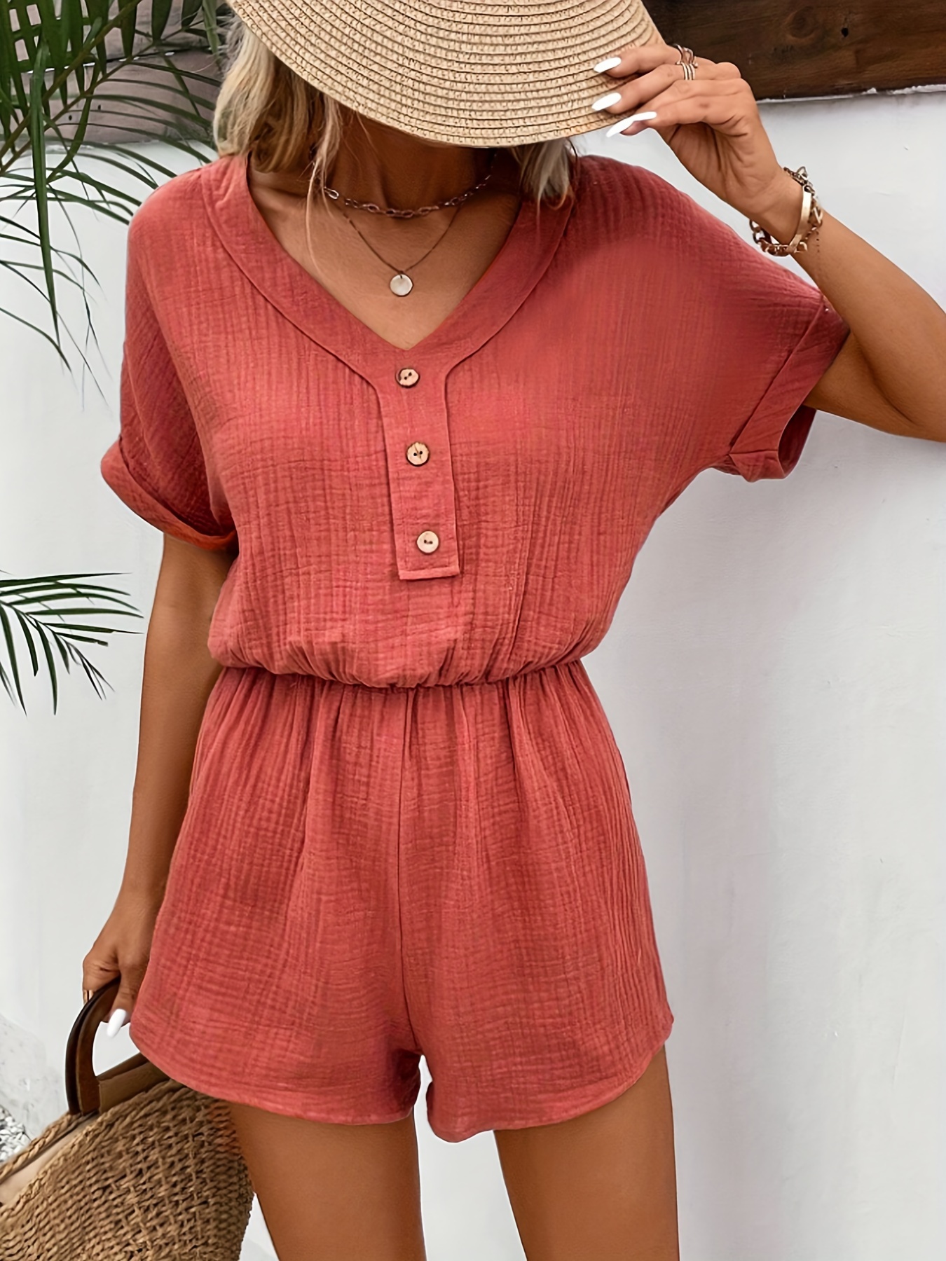 Solid Square Neck Romper Jumpsuit, Sexy Short Sleeve Romper Jumpsuit,  Women's Clothing