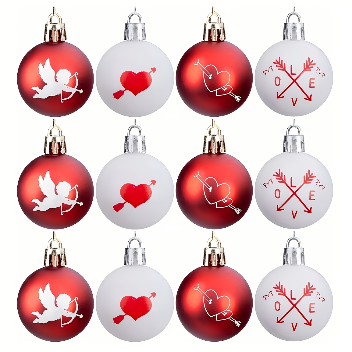 

12- Valentine's Day Ornaments, 2.36" Cupid Heart Hanging Balls, Plastic Round Decorations For Wedding & Celebrations, No Electricity Needed