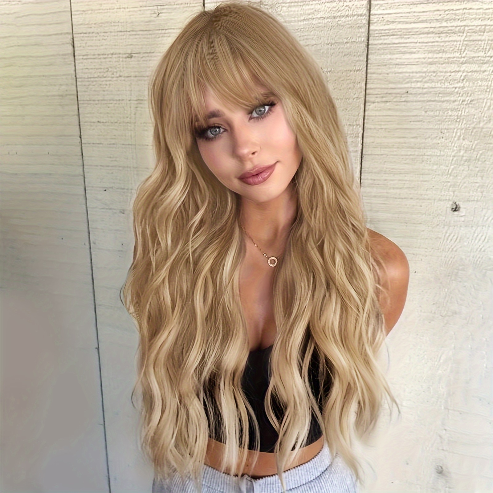 

Elegant Highlight Wig With Bangs - Long, Loose Curly Synthetic Hair For Women, Heat Resistant