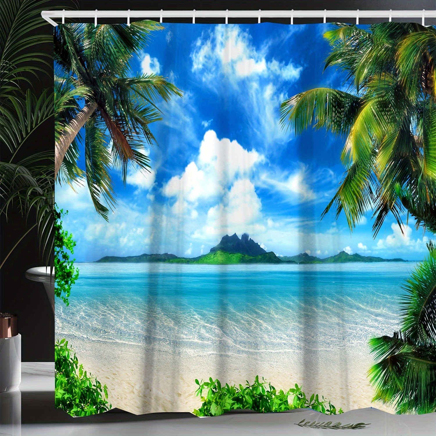 

1pc Shower Curtain Summer Polyester Bathroom Decor 12pcs Plastic