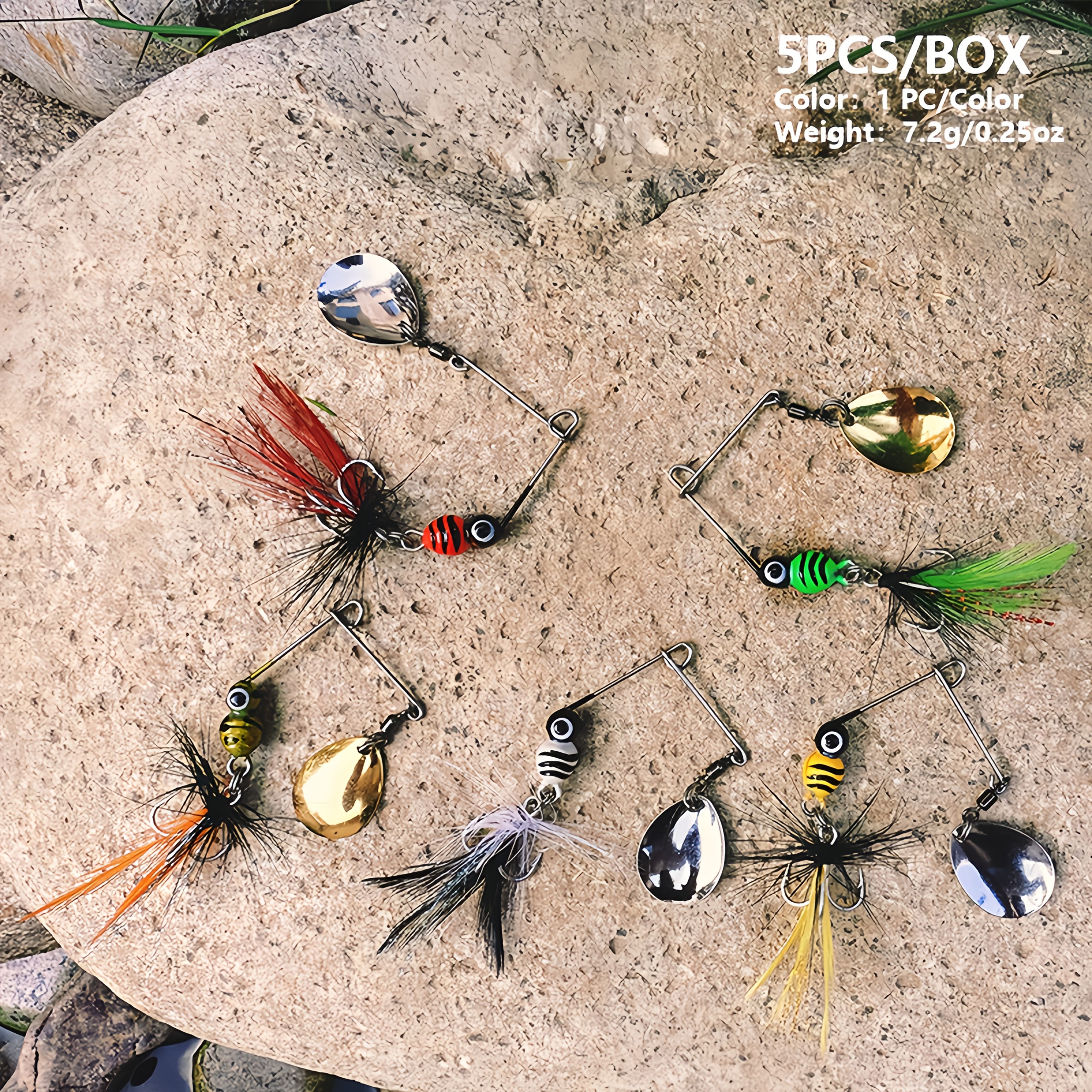 TEMU Juego de 5 señuelos giratorios de abeja - Cebos artificiales falsos hechos a con paletas giratorias, señuelos de de abeja, equipo de pesca