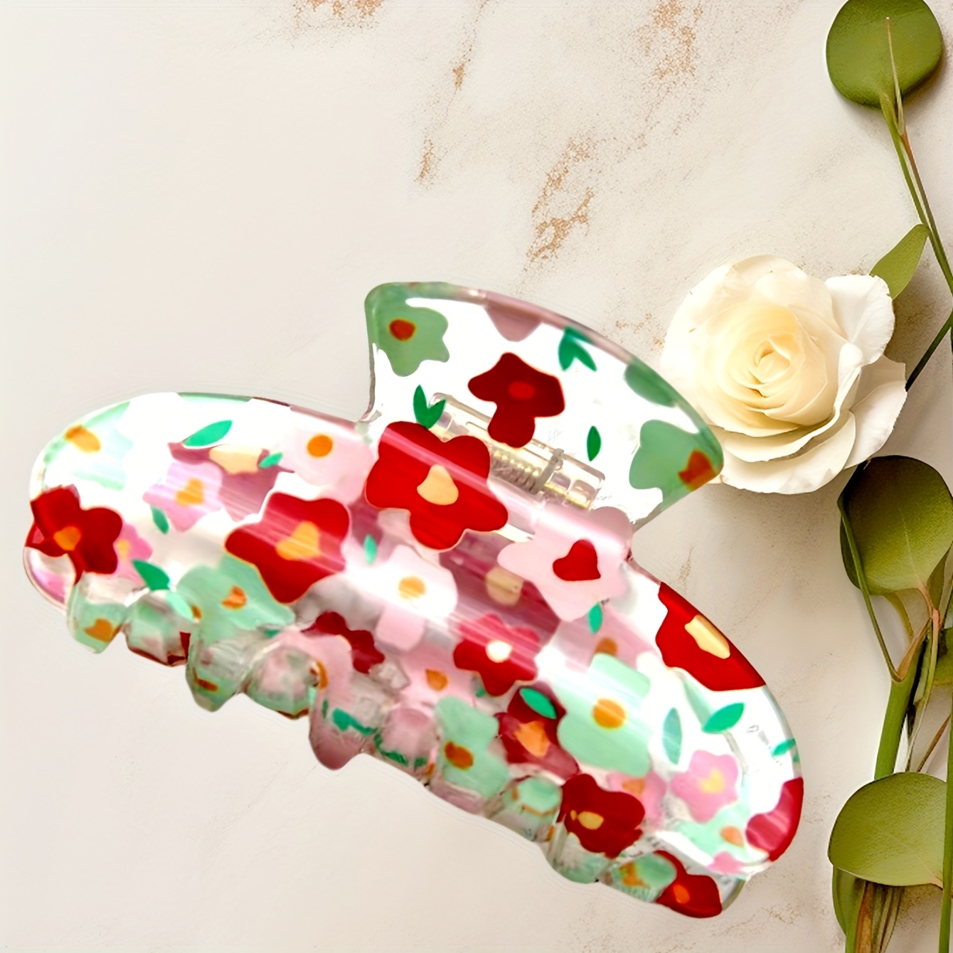 TEMU Bohemian Acetic Acid Hair Claw Clip - Medium Size Transparent Printed Fruit Flower Pattern Hair Accessory 14+ - Single Piece Color Matching Hair Clasp