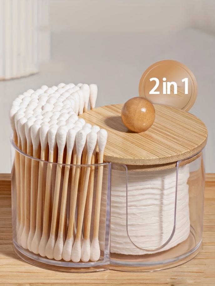 2-in-1 1 vnt. skaidri/balta/juoda tamponų dėžutė su mediniu dangteliu, makiažo valiklių pagalvėlių laikymo dėžutė, stalviršio pagalvėlių organizatorius su dangteliu, dviejų skylučių apvali kombinuota laikymo indelis, skaidri