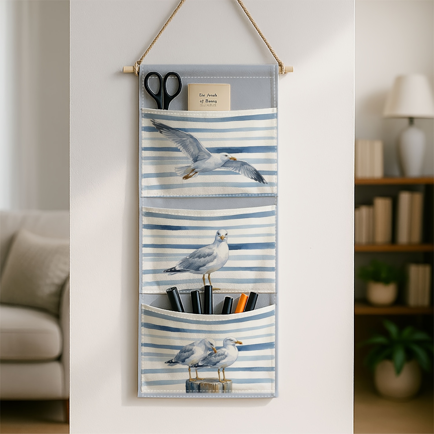 TEMU 1pc Minimalist Wall Hanging Storage Bag With 3 Pockets, Seagull Stripe Ocean Wall Shelf For Bedroom, Ideal For Clothing, Additions And Daily