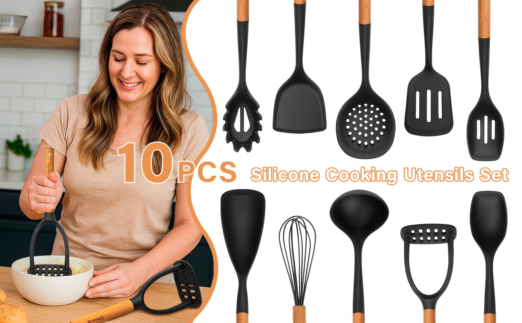 10pcs silicone cooking utensils set nonstick kitchen utensils set with wooden handle heat resistant spatula set for cooking heat resistant silicone kitchen gadgets tools with spoons spatula set turners Product details 0