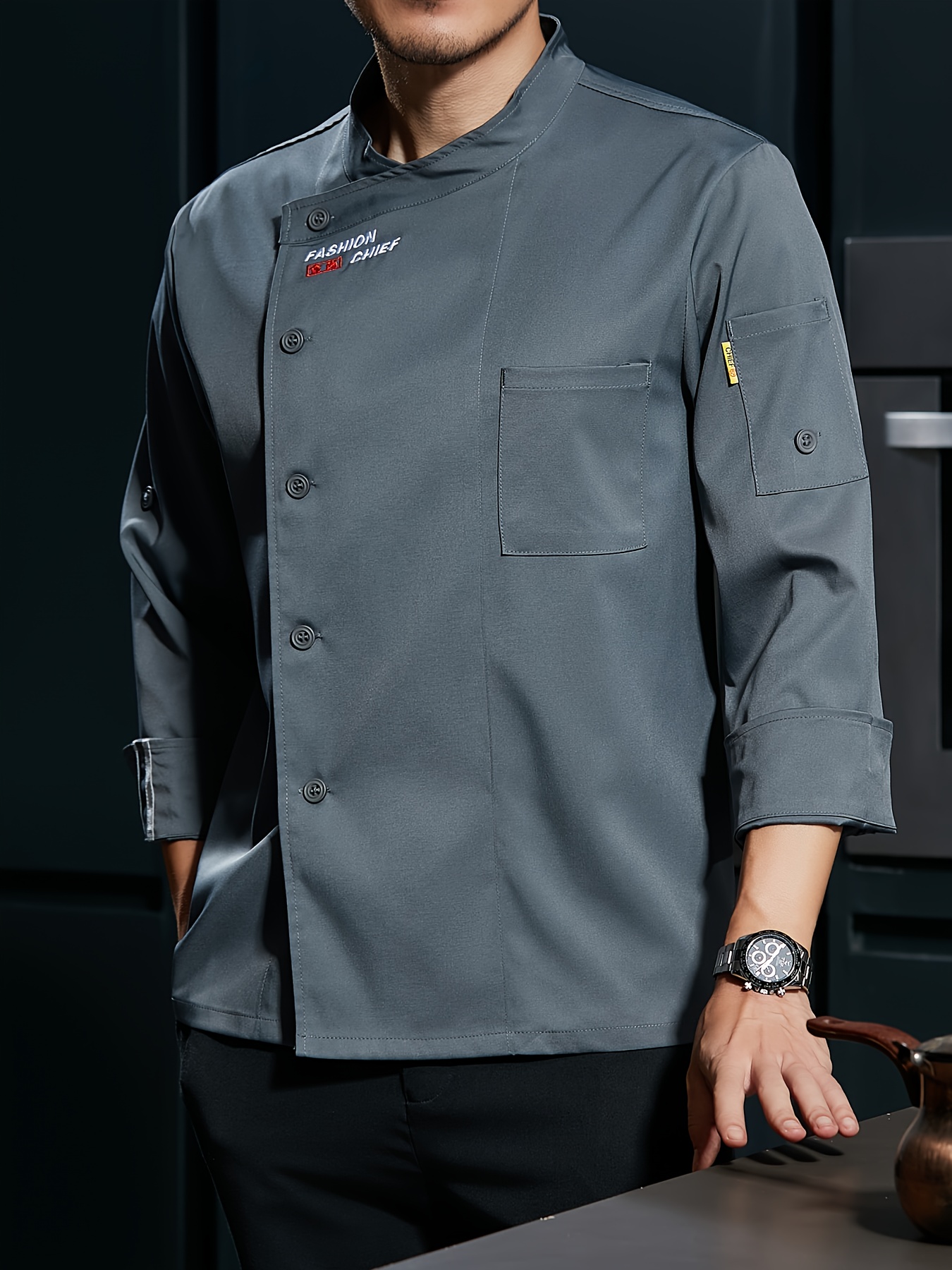 1pc elegant mens chef coat top adjustable sleeves soft breathable fabric solid color button details collared neck polyester 100   stretch regular fit woven with pockets for kitchen cooking baking uniform 0