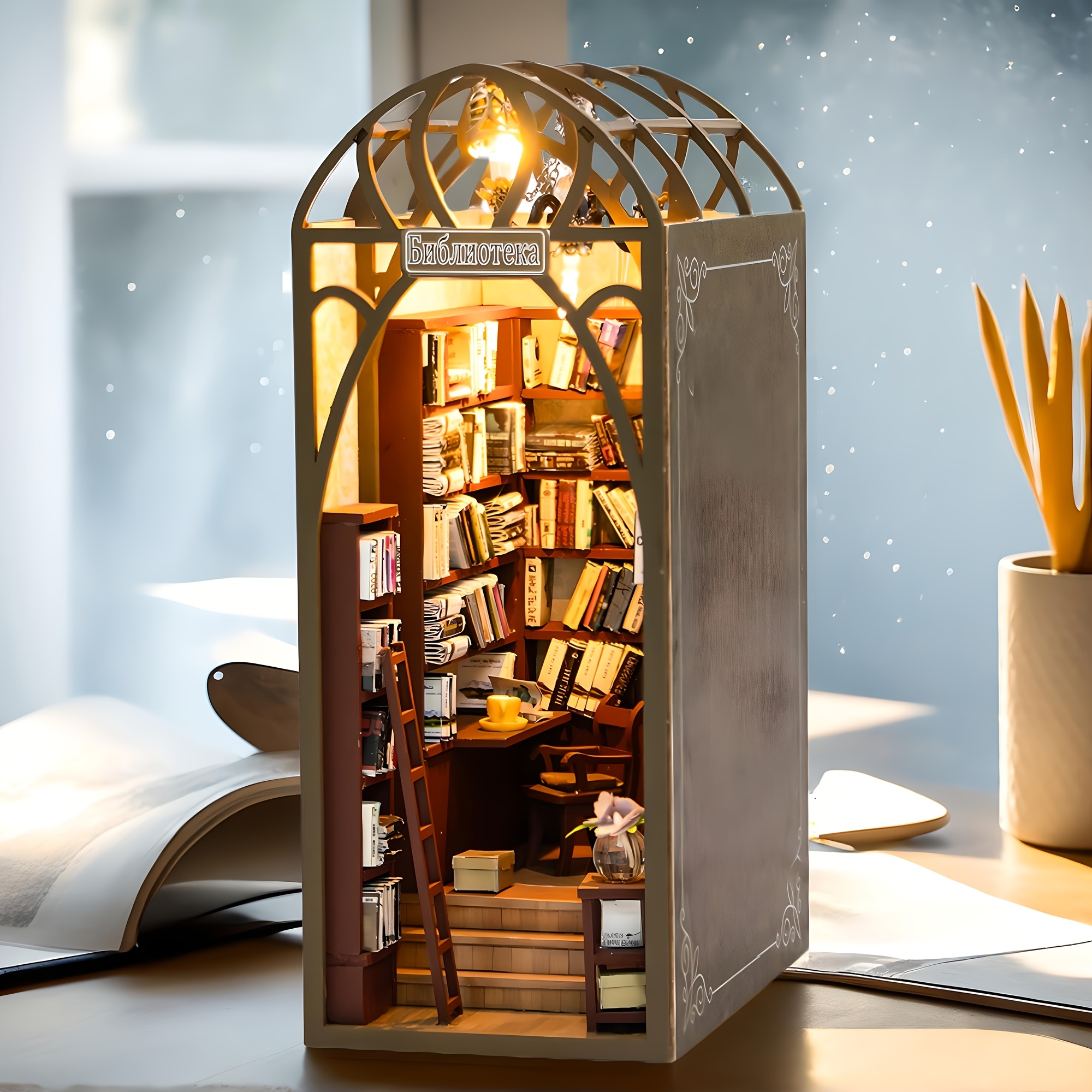 TEMU Diy Miniature Book Nook Kit With Led Lights - 3d Wooden Puzzle Library, Bookshelf Insert For Book Lovers, Decor Project For Adults, Ideal