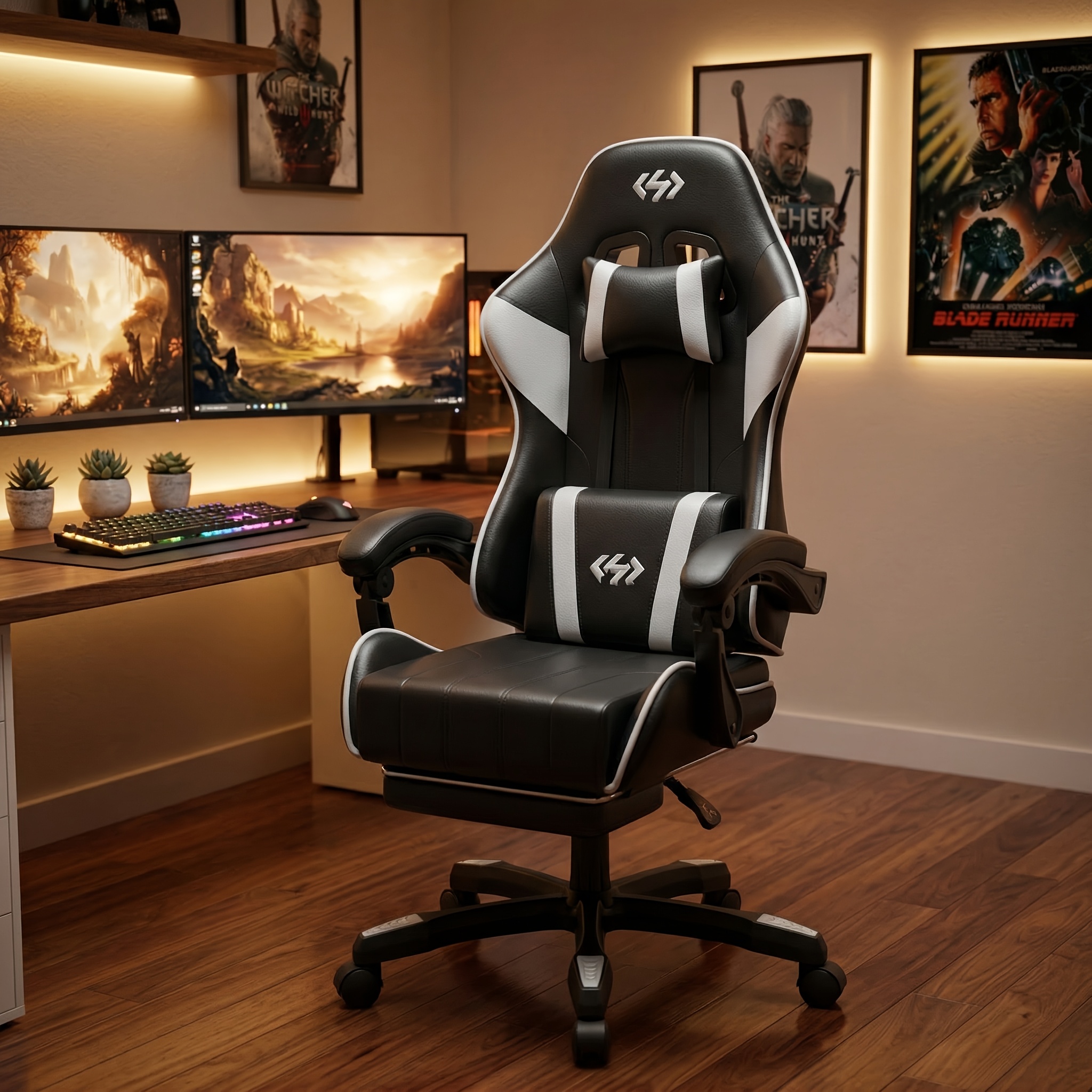 TEMU Fauteuil de gaming, chaise de bureau ergonomique pour ordinateur avec support lombaire, -pieds et -tête, hauteur et angle du réglables, pivotant