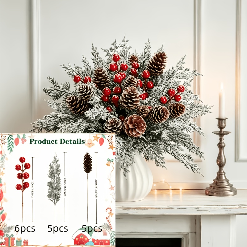 TEMU 16pcs New Christmas Artificial Floral Set—plastic Pine Cones, Red Berries With Norfolk Pine Branches, Suitable For Diy Wreaths/christmas Tree
