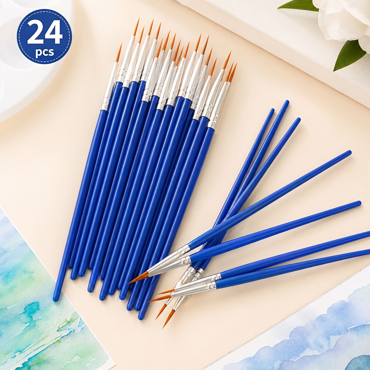 TEMU 24pcs Fine Point Detail Liner Paint Brush, Round Nylon Tip Art Brush With Blue Plastic Short Handle And Aluminum , Precision Paintbrush For