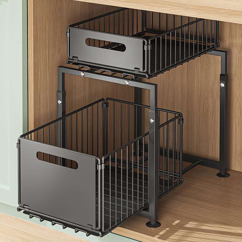 Organizzatore a 2 Ripiani Estraibile con * Scorrevole - Cesto in Metallo per Cucina e Bagno, Regolabile in Altezza, Organizzatore Sottolavello