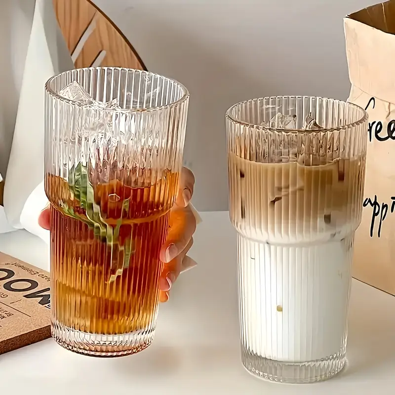 2pcs ribbed glass with straw and plastic lid and straw brush iced coffee cocktails etc suitable for home office party supplies 20 ounces Product details 2