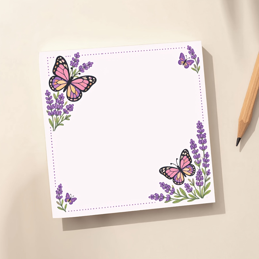 TEMU Bloc-notes esthétique papillon lavande, carnet de notes carré vierge avec bordure florale papillon rose et violet et lavande, bloc d'écriture