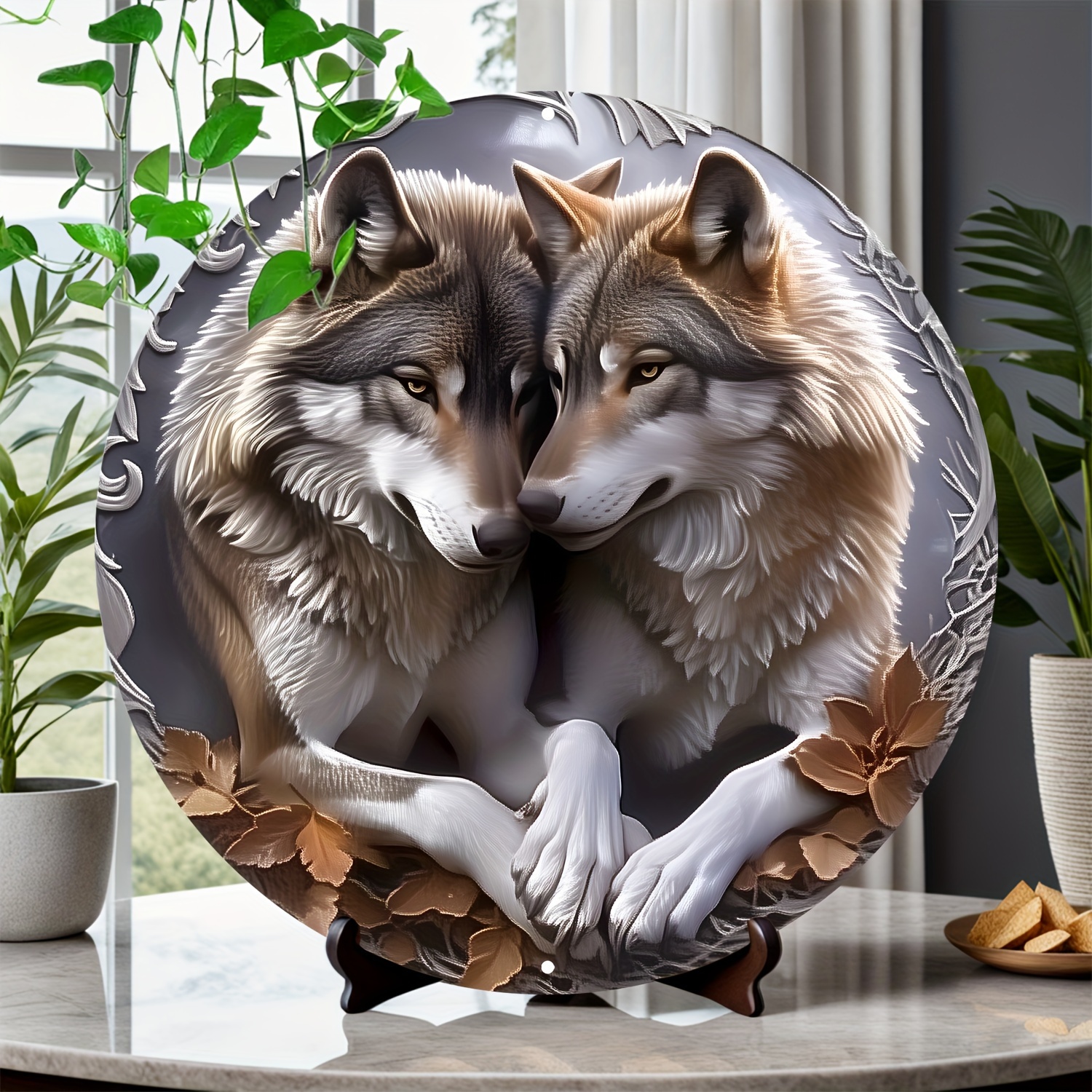 

Romantic Wolf 8x8" Round Aluminum Wall Art - Perfect For Home, Office, And Holiday Decor