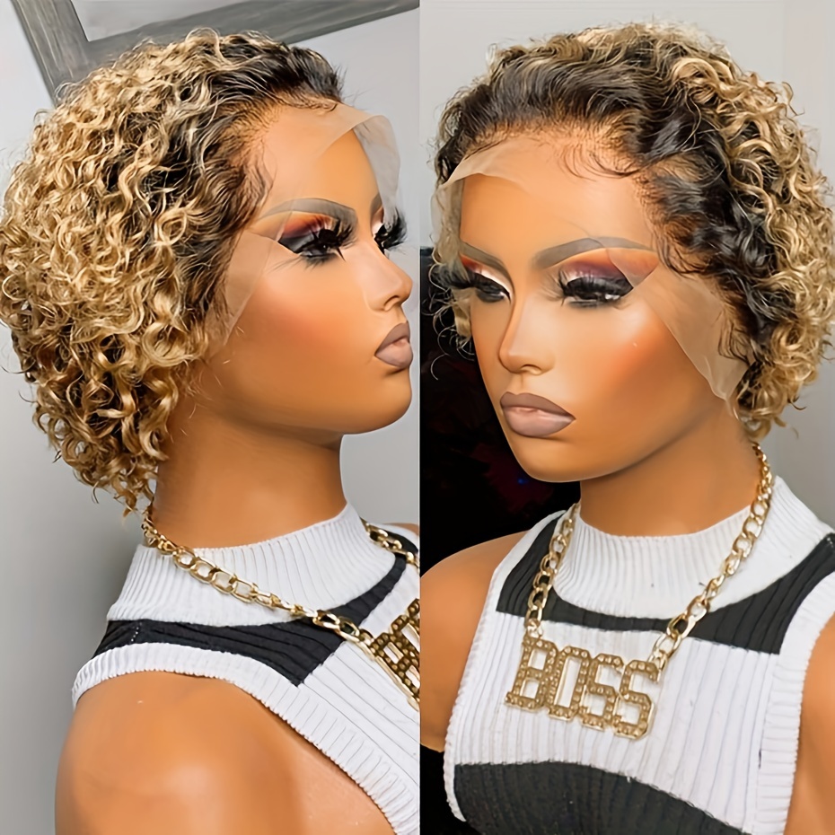 TEMU Short Curly Wave Cut Wig Human Hair Lace Front 13x1 Transparent Lace Front Wig Curly Wave Wig Human Hair Wig 150% Density 6inch
