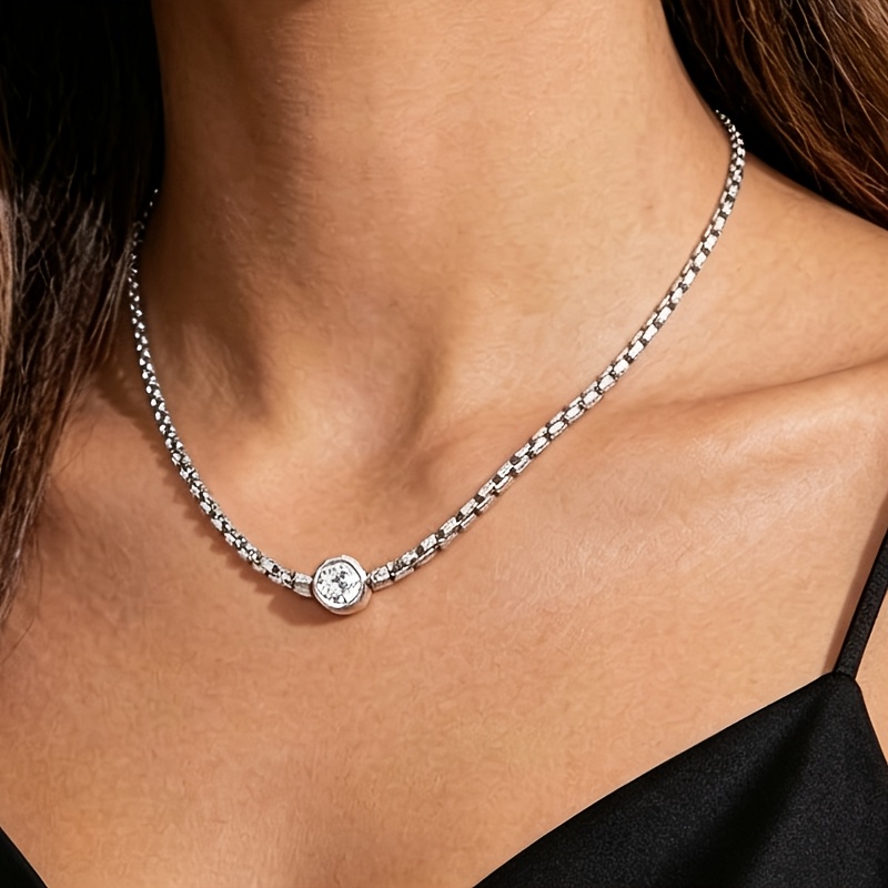 TEMU 1pc Premium Box Chain Single Piece Zirconia Pendant Necklace, Unisex Clavicle Chain, 316l Stainless Steel Hypoallergenic Non-fading, Fall Winter