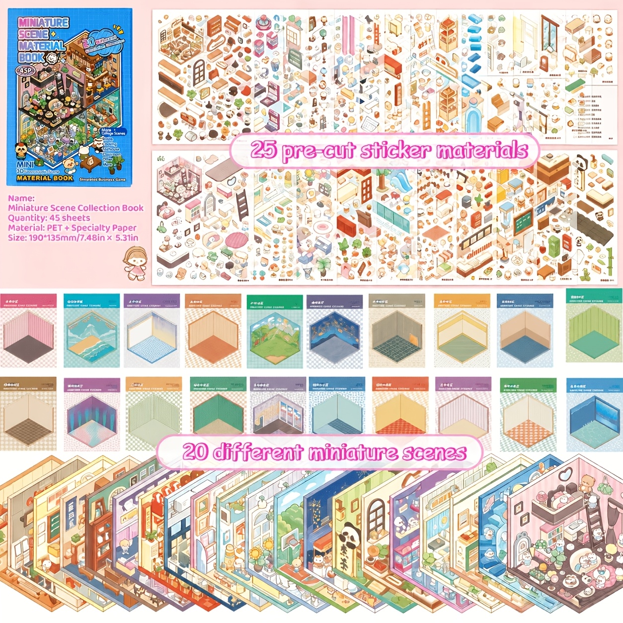 TEMU Ensemble de 45 pièces de livre de paysage de maison miniature 3D, 20 grandes scènes miniatures, 25 feuilles d'autocollants, autocollants pour
