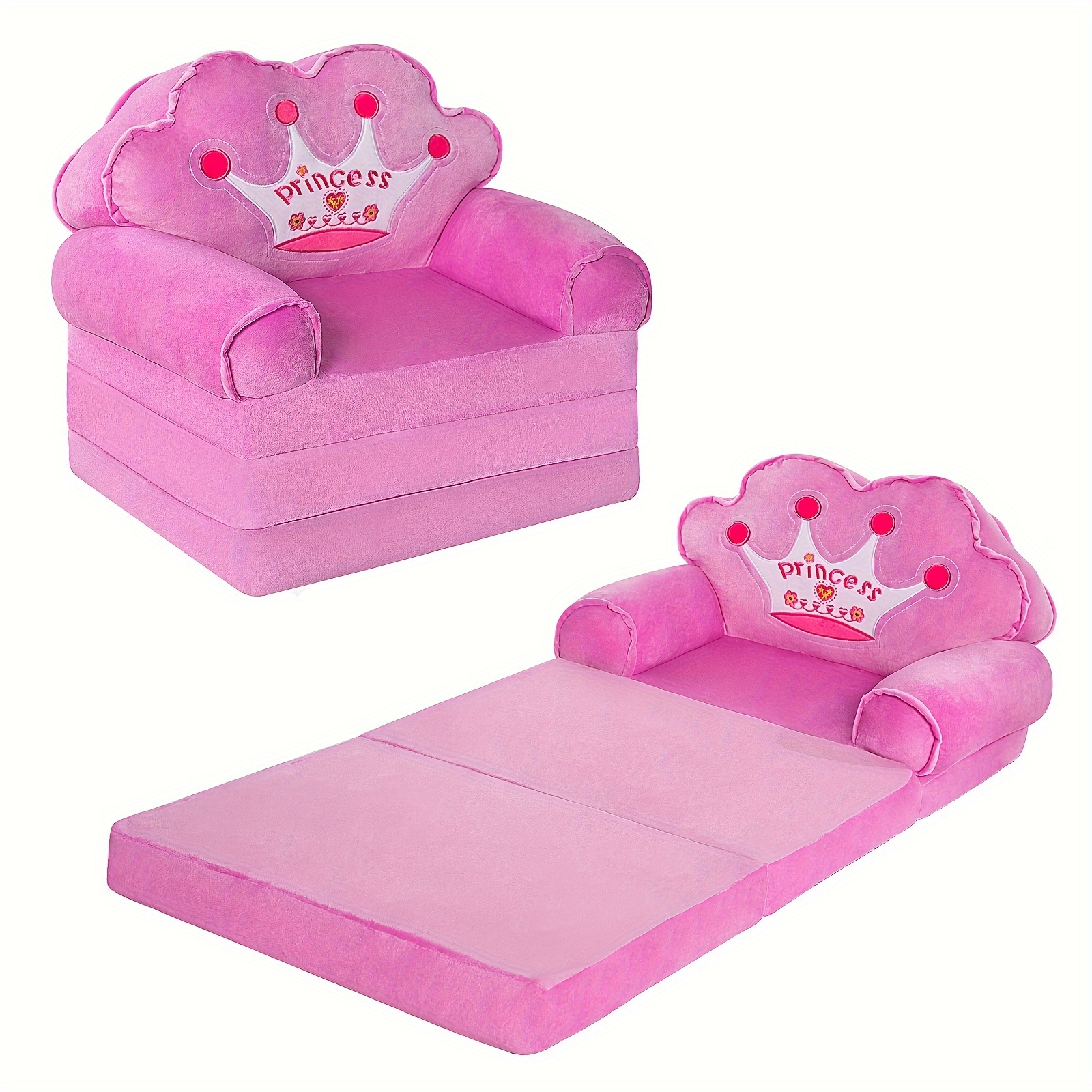 Kids Sofa Princess Crown Pink - 2-in-1 Flip Open Kids Couch & Lounger | Machine Washable Plush Cover & Certified Safe Foam | Dreamy Reading Nook Chair For Girls