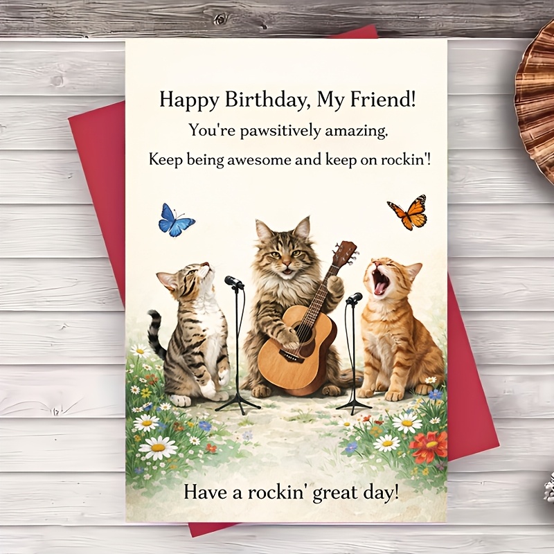 TEMU 1pc Greeting Card Funny Cat Band Birthday Greeting Card For Friend Music Lovers Cute Cats With Guitar And Microphones Flat Card For Adults Party