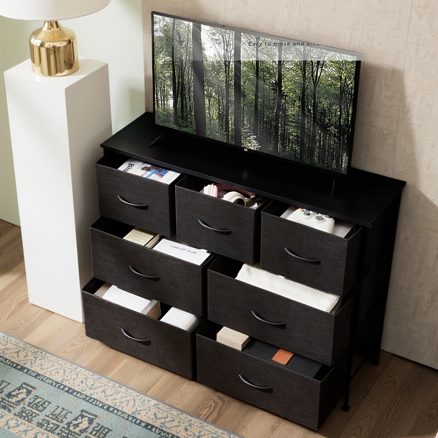 rustic 7 drawer dresser fabric bins metal frame wooden top - Temu