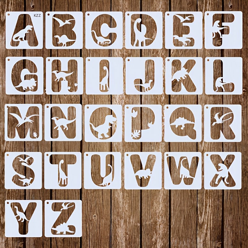 Image of Kzz 26pcs Dinosaur Alphabet Stencils, Reusable 3x3 Inch Pet Letter Templates, For Art, Crafts, Fabric, Canvas, Decor, Journal Embellishment, And Background Design