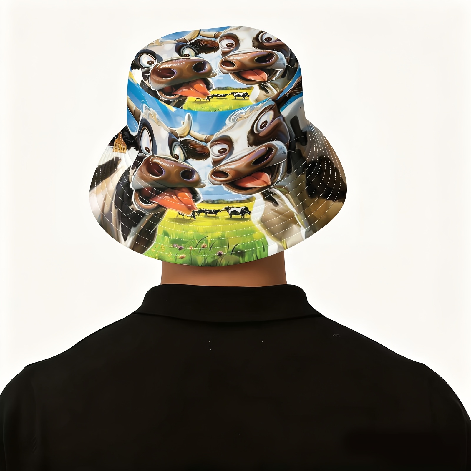TEMU 1pc Screaming Cow Themed Bucket Hat - Funky Novelty Cow Print Suitable For Fishing, Hiking, Outdoor Activities, Weddings & Vacations - Machine