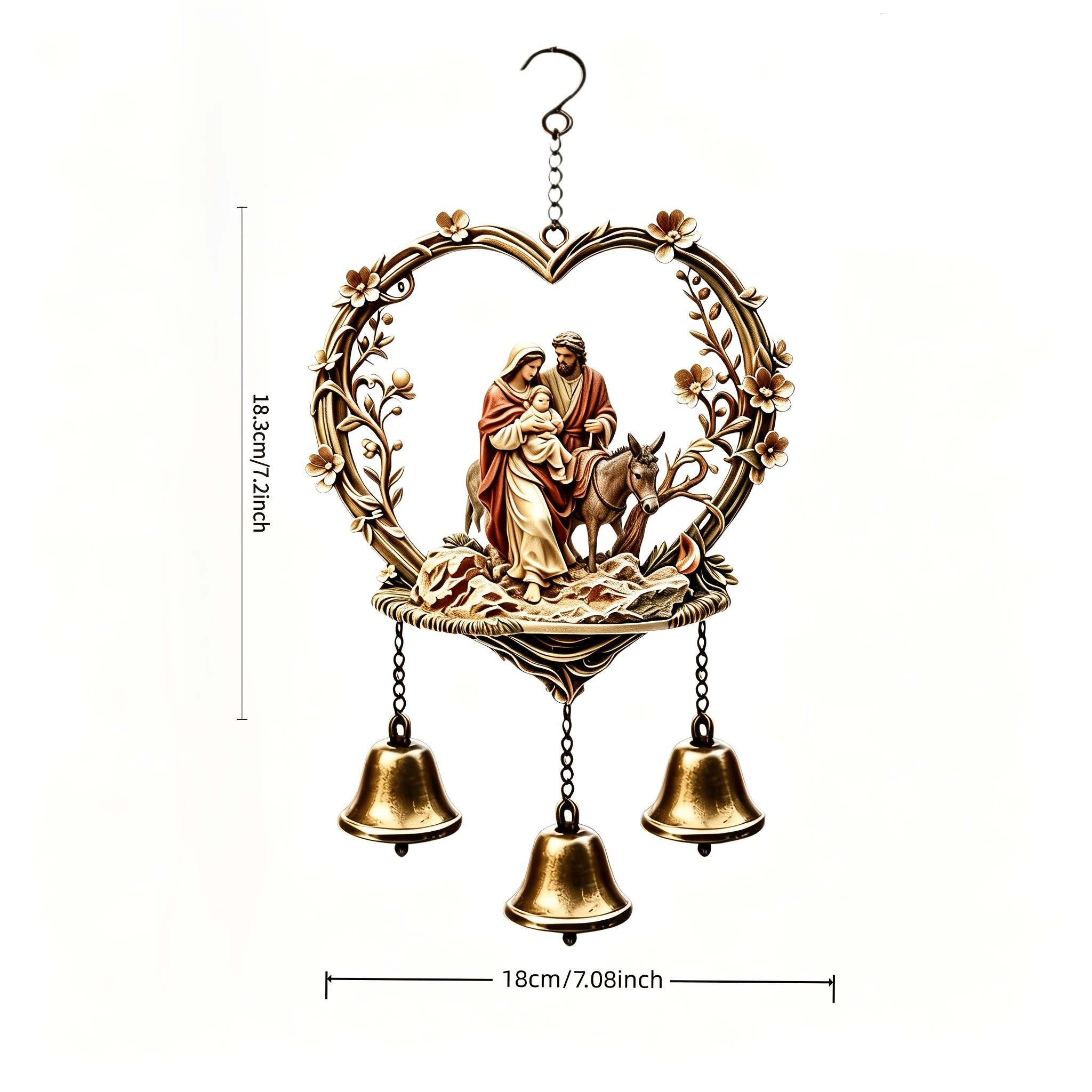 TEMU Handcrafted Metal Wind Chime Heart, Floral Branch, Holy Family, Nativity Scene, Donkey, And . Requires Assembly. Suitable For Hanging On