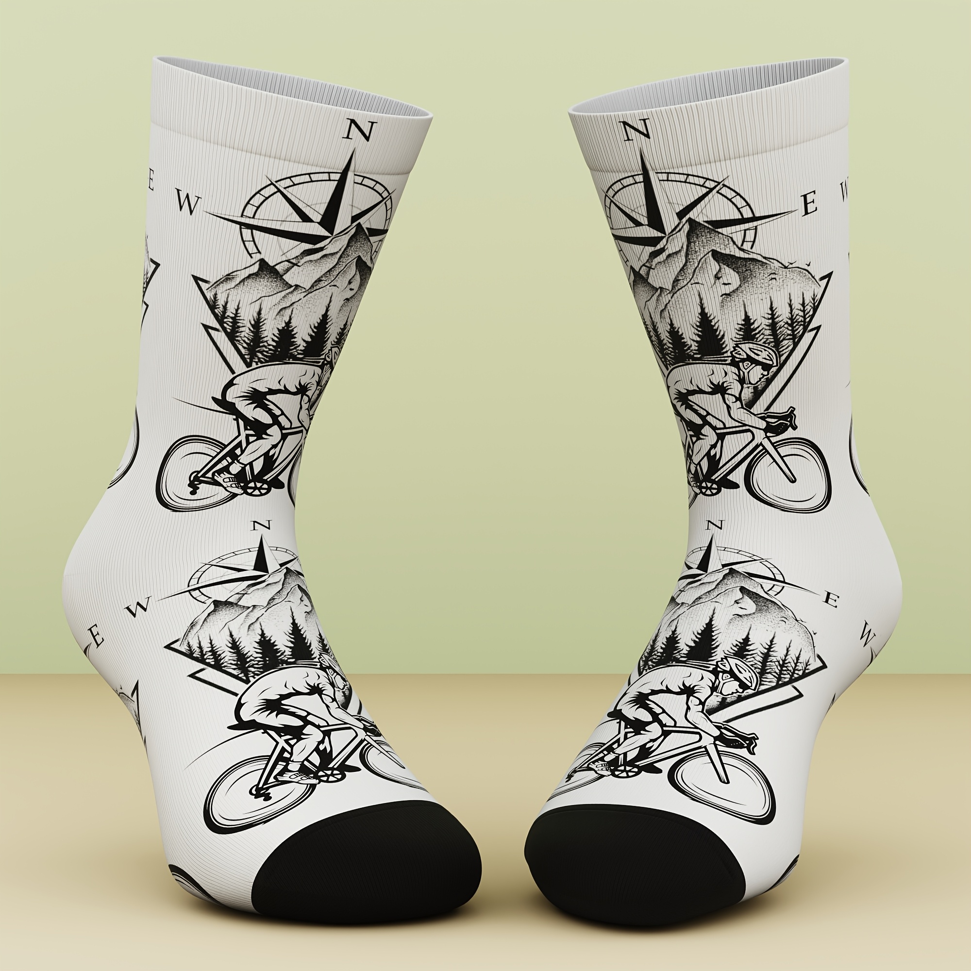 TEMU 1 Pair Unisex Bamboo Fiber Cycling Socks | Ancient Compass Design, Elastic Cuffs, Ideal For Casual Or Rock-themed Parties, Comfortable And