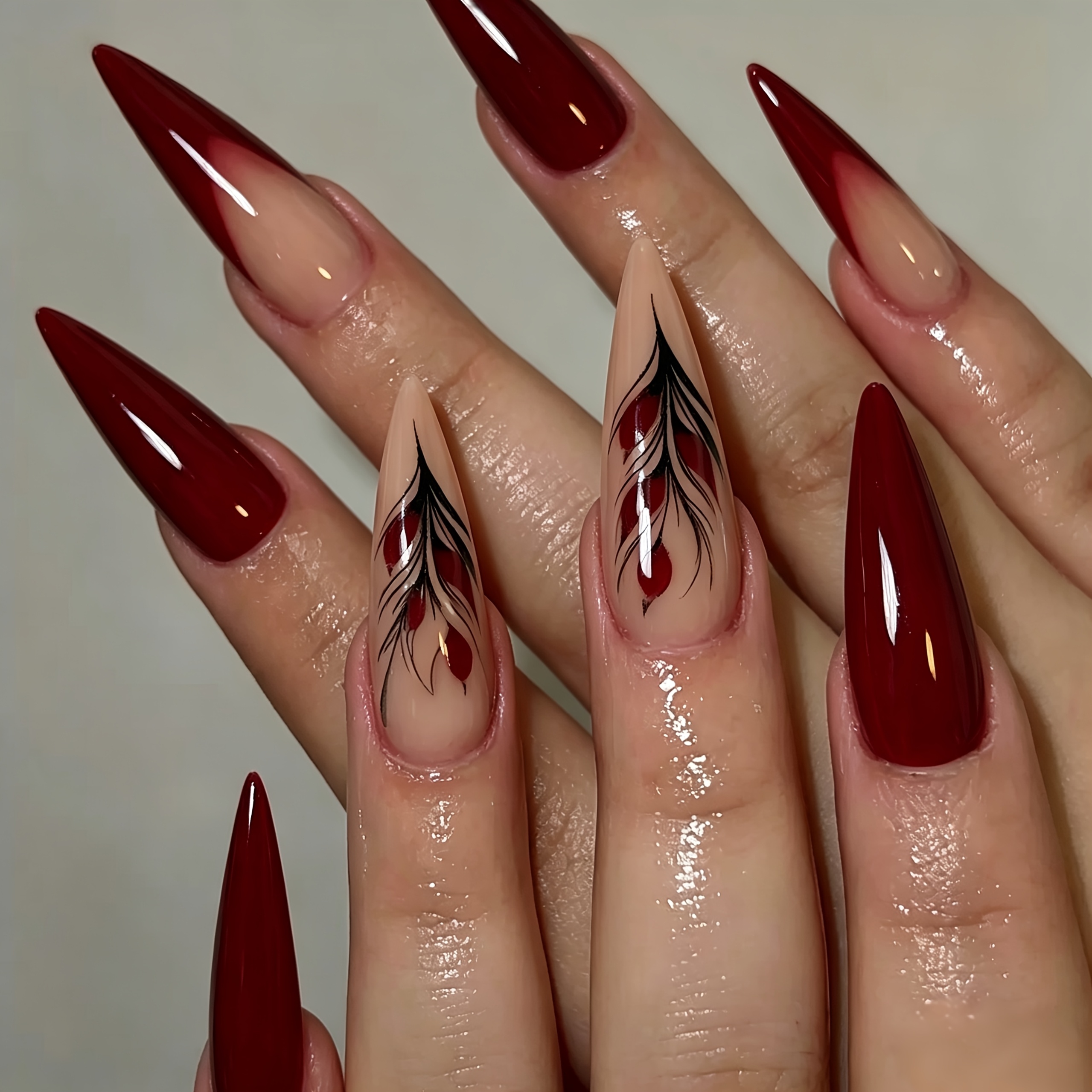 TEMU 24pcs Wine Tip Press-on Nails, Light Luxury Glossy Gradient Fake Nails, Full Coverage Light Beige, Reusable Artificial Nails