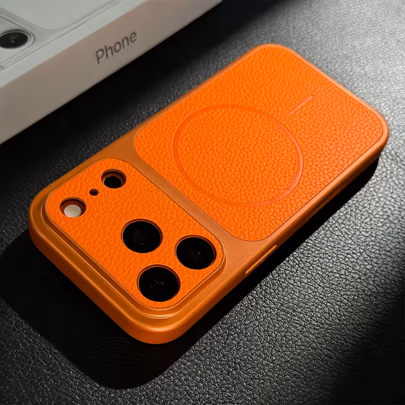 phone luxury instantly upgrade to 17 series orange artificial leather feel texture wireless charging phone case compatible with for iphone 17 16 15 14 13 pro air 17 magnetic shockproof soft border cover Product details 6