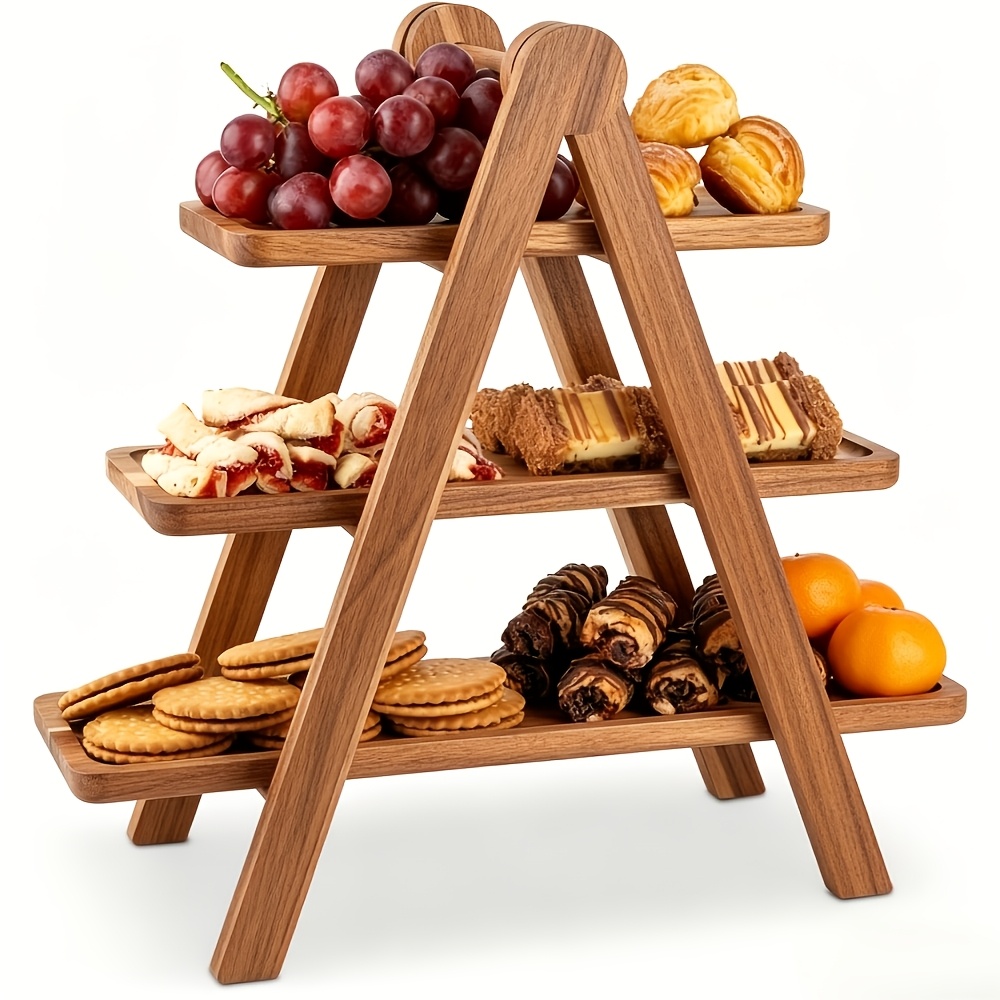 Battop 3-tier Rustic Log Serving Tray Stand - Wood Display Shelf With Wood Grain, Sturdy Base Suitable For Snacks, Desserts, Bread, Tea For Parties, Holidays, For & Commercial Use, Space-