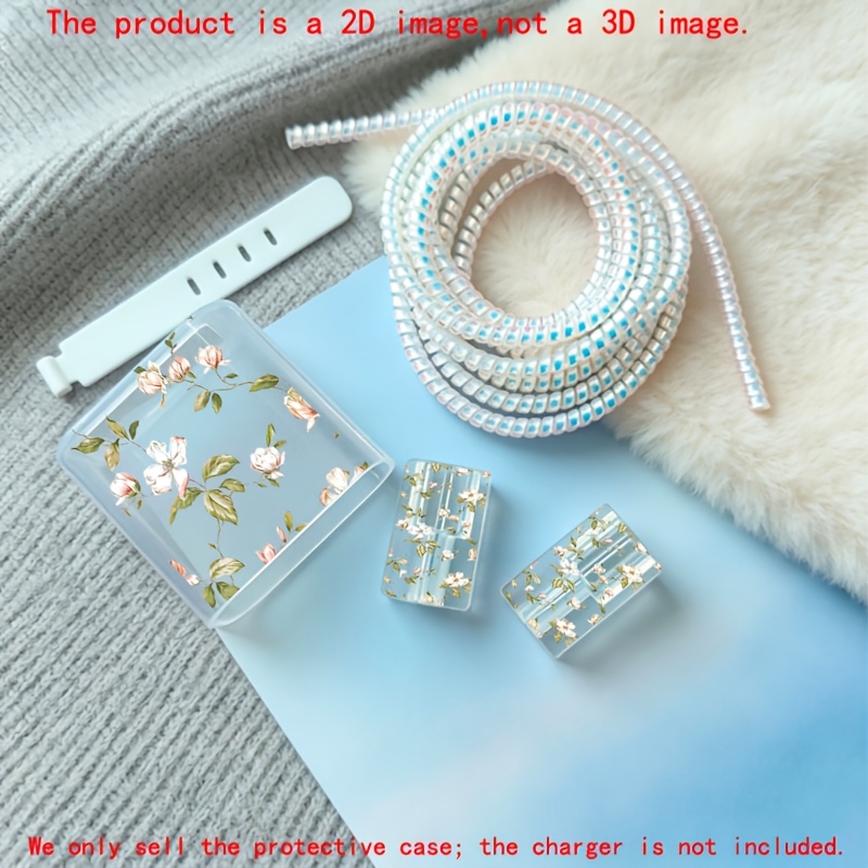 TEMU 5pcs 2d Flat Design Leaf Pattern Phone Charger Protection Set, Includes Charger Head Cover + Cable Protector + Storage Cord + Data Cable Winding