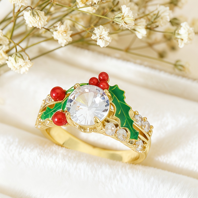 TEMU 1pc Festive Ring, And Dynamic Design: 3d Styling With Green Holly Leaves And Red Berries (cherries And Small Berries), Vibrant And , Replicating