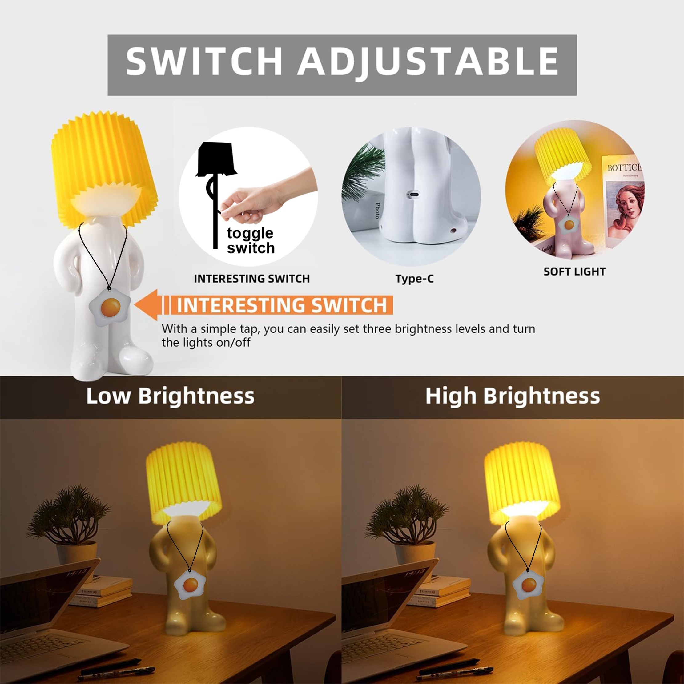 Dimmable Acrylic Table Lamp with LED Lights, Push Button Control, Non-Waterproof Polished Surface, Creative Shy Man Design, Artistic Decoration, Ideal for Indoor Reading and Festivities, Sans Cord