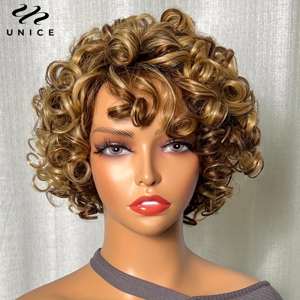 TEMU Unice Hair's Machine-made Human Hair Wigs Feature A Glueless Design With Blonde Highlights And A Large Curly Fringe, Offering A Fluffy And Wavy Look
