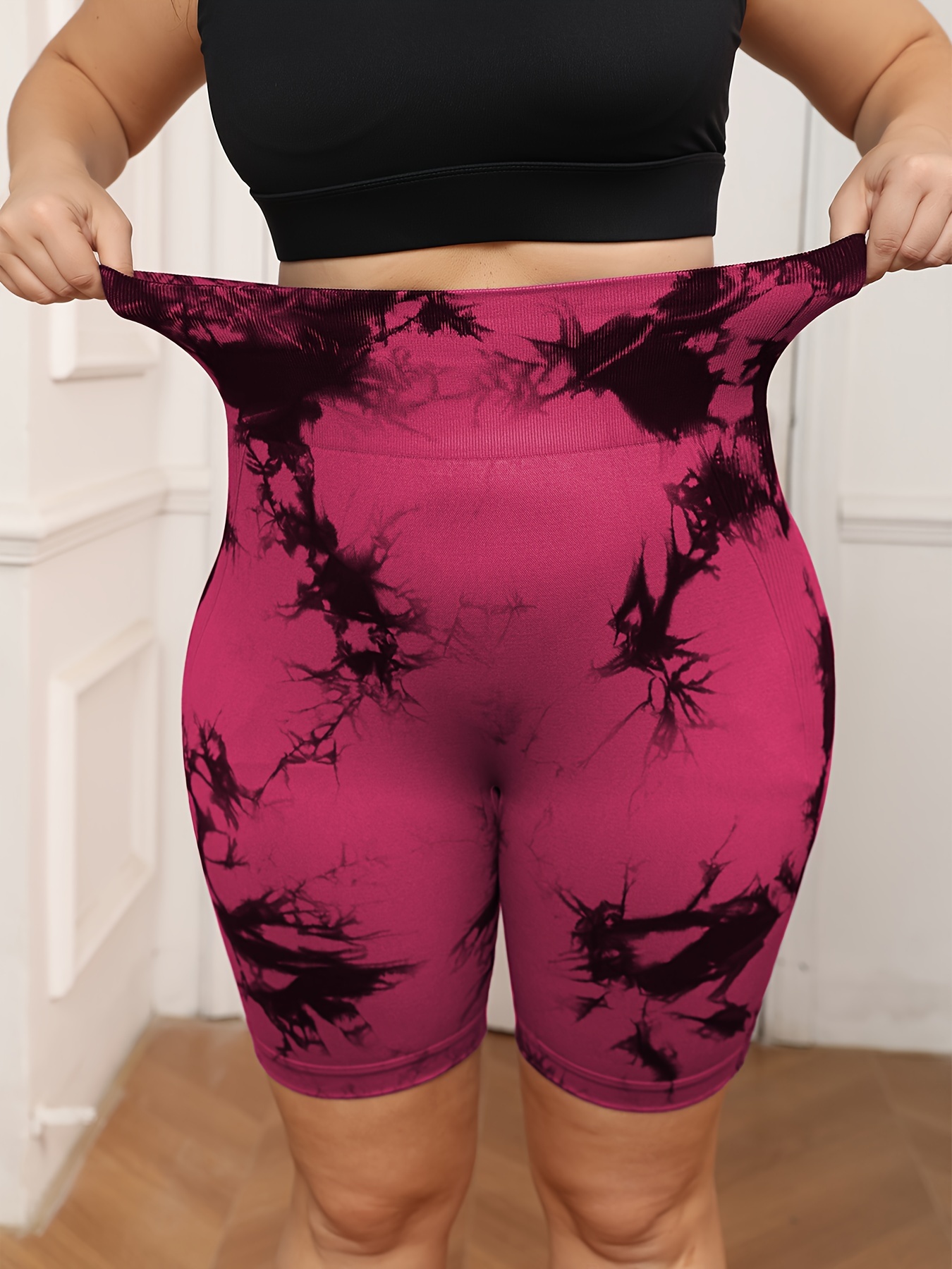 Plus Size Women's High-Waisted Tummy Control Yoga Shorts - Tie-Dye Design, Stretchy Machine-Washable Fabric for Summer Workouts & Casual Wear, Tummy Control Shorts, Stylish Workout Apparel, Highelastic Fabric