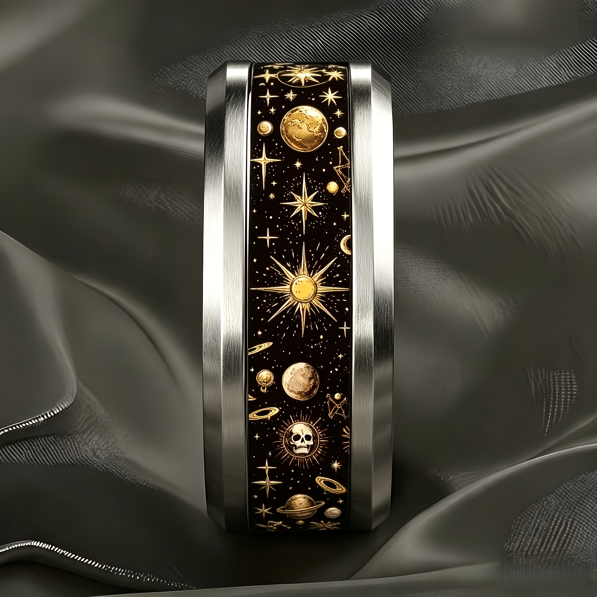 Black Golden Starry Sky Planet Skull Print Ring