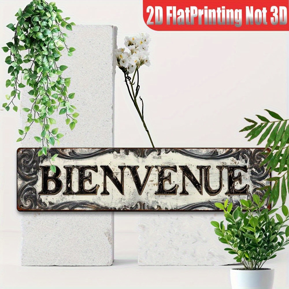 TEMU 2D Plat - Plan 2D, 1pc Panneau Vintage Français - Extra Large 3.94X15.75 Pouces (10X40Cm) Décoration Murale en Métal avec Lettrage et Floraux