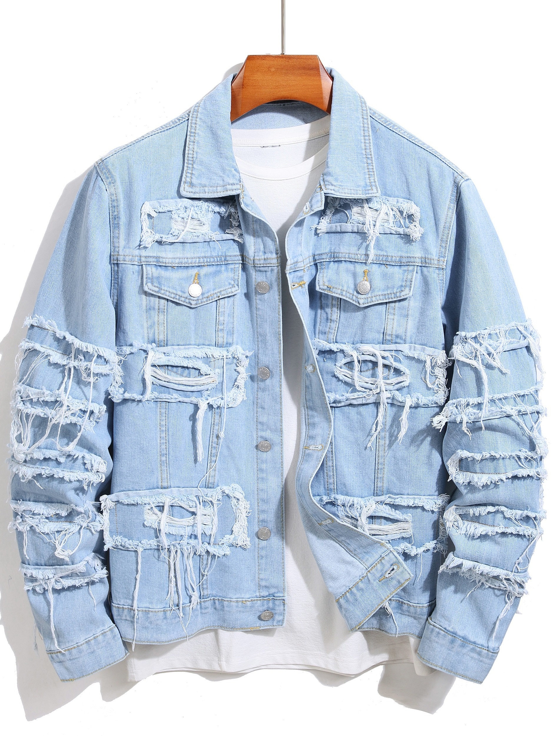 Men's Casual Jacquard Weave Denim Jacket, Street Style Chic Button Up Jacket