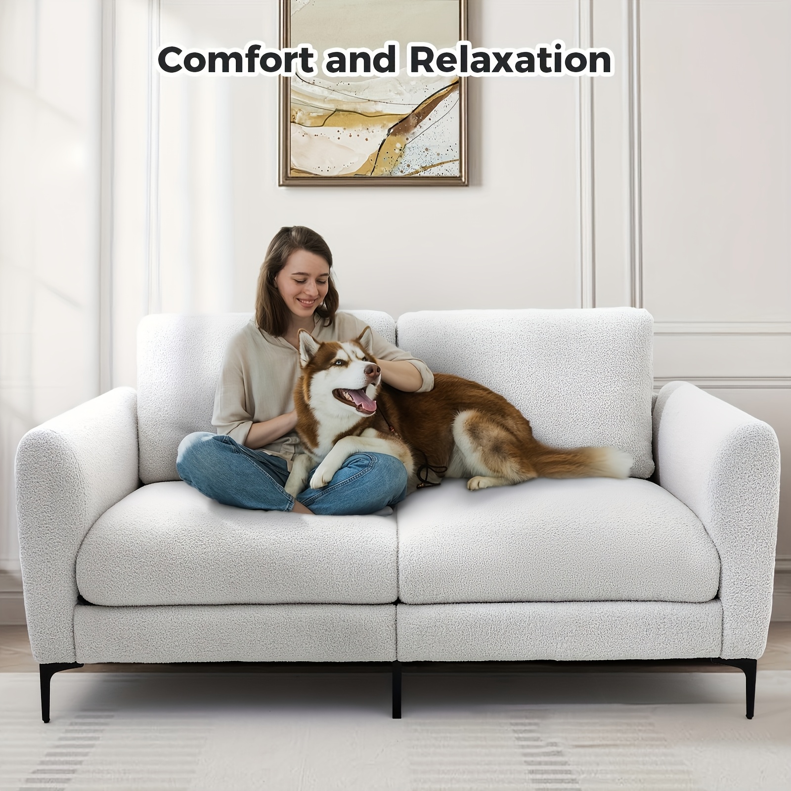 modern white teddy velvet 3 seater sofa contemporary lightweight multi person couch for living room bedroom or office durable comfortable with black angled legs high density foam and stylish design sofa for living room details 0