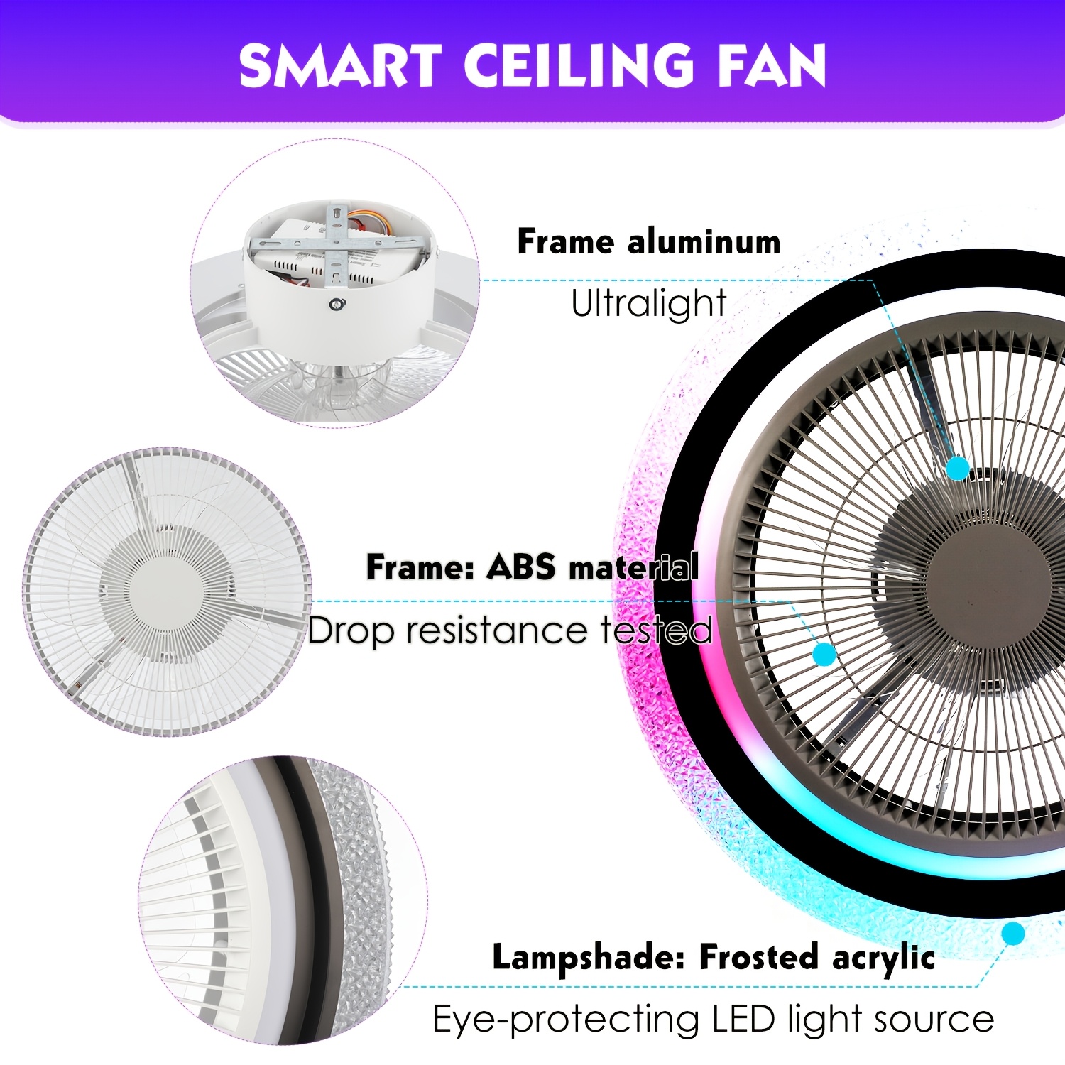 Smart Ceiling Fan with RGB Backlight and Remote