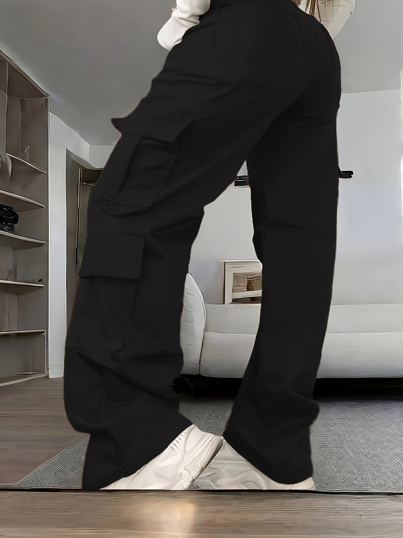 christmas   style womens casual loose cargo pants y2k comfortable elastic waist multi pocket long pants black 4