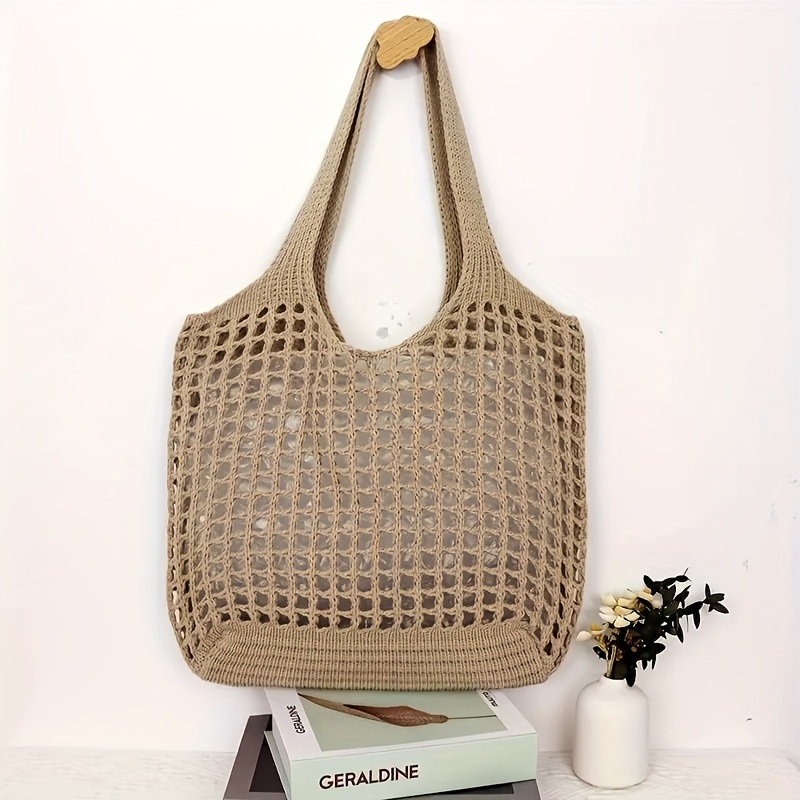 TEMU Women's Crochet Tote Bag Large Capacity Hollow Knitted Shopping Bag Fixed Shoulder Strap Unlined Blue Khaki 4 Colors Use