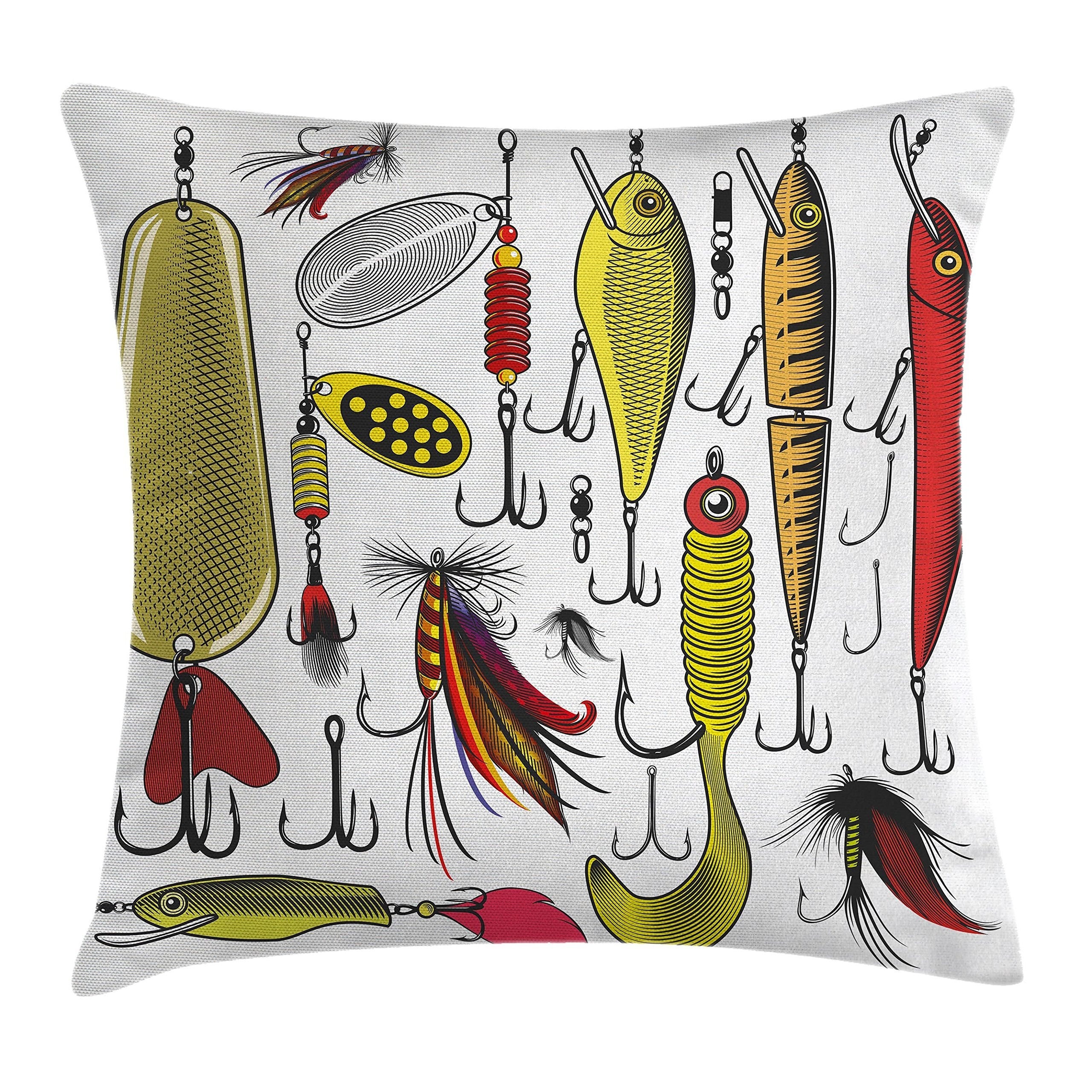 

1pc 18 X 18in Yellow Red Fishing Throw Pillow Cushion Cover, Group Of Artificial Bait Twister Trapping Activity Hunting Fishing Concept, Decorative Square Accent Pillow Case