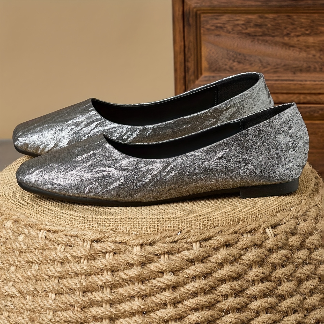 women's elegant silvery gray square toe flats sparkling Temu Oman