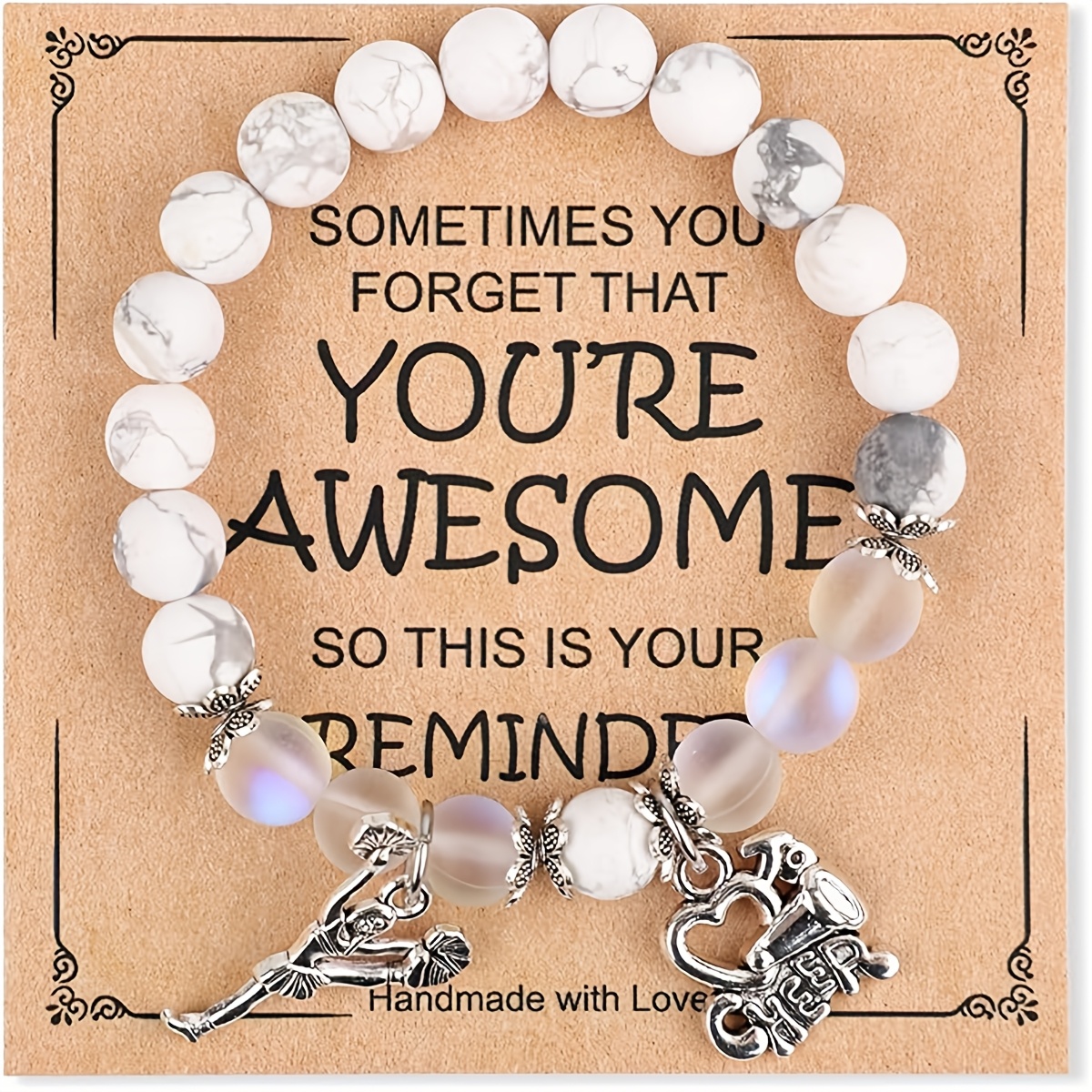 

Inspirational "you're Awesome" Beaded Bracelet With Cheerleader Charm, Stone Bead Positive Affirmation Jewelry, For & Sports Events, Accessory For Athletes And Cheerleaders