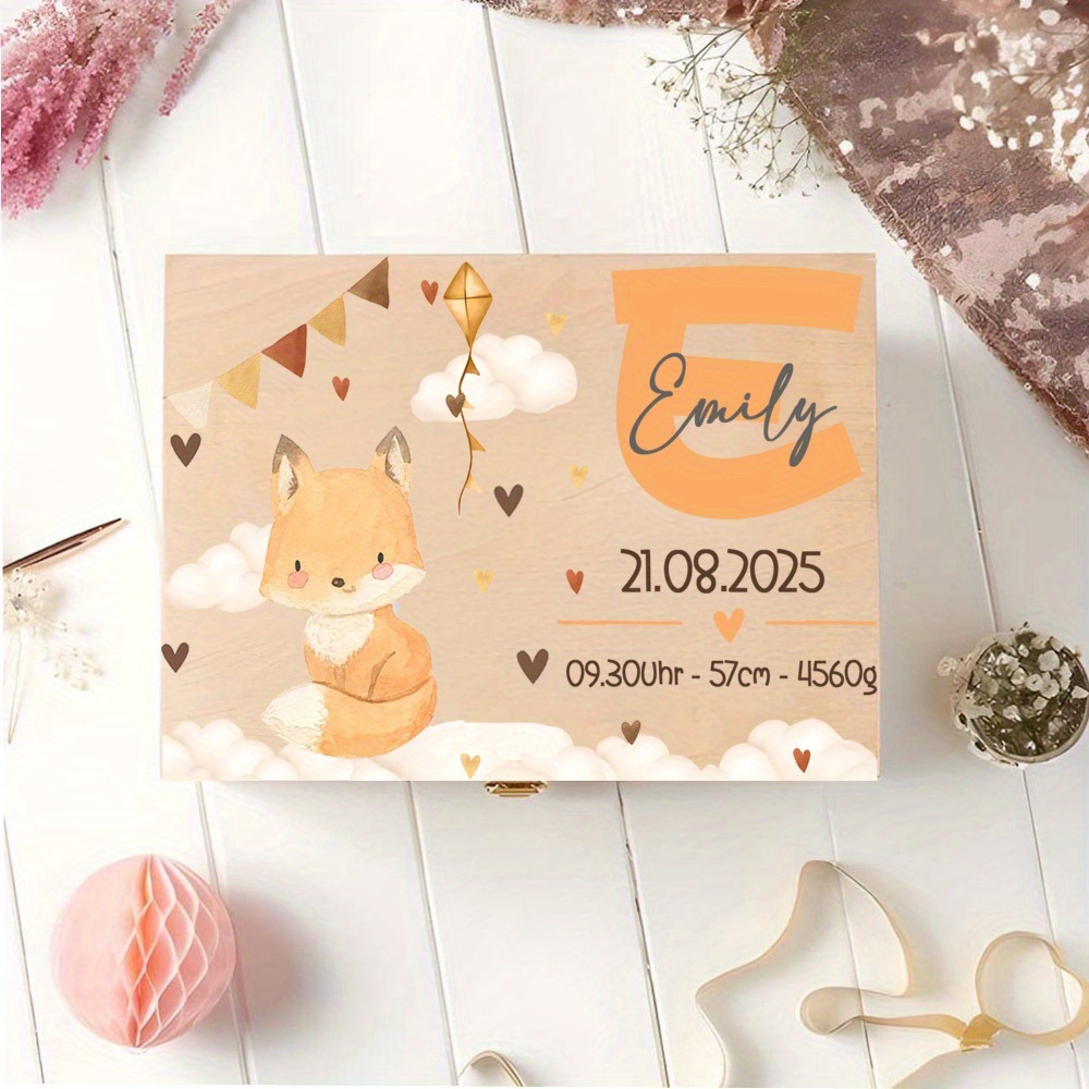 TEMU Personalized Cute Animal Pattern (little Bear, , ) Wooden Memory Box, Custom Wooden Box Shower Gift Birth Statistics Souvenir Box Cord Box,