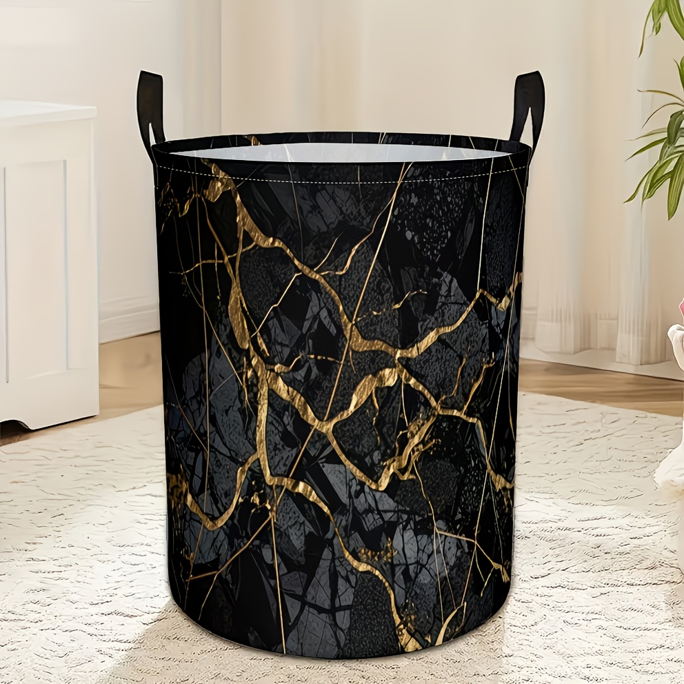 TEMU 1pc Black Marble Pattern Round Laundry Basket, Storage Basket, Clothing Organizing Box, Suitable For Home Bathrooms, Bedrooms, Dormitories,